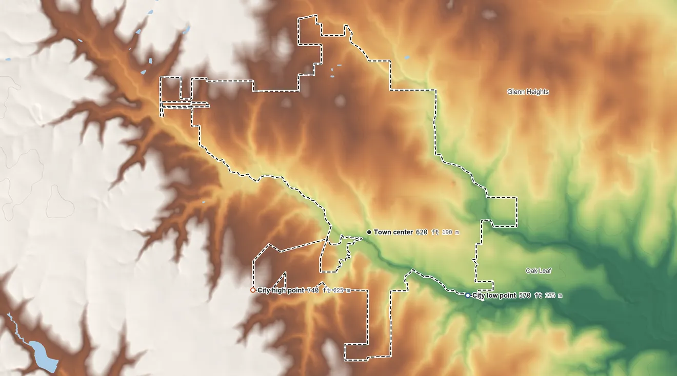Topographic elevation map of Ovilla, Texas, shaded from 570 ft on the southeast side to 740 ft on the southwest side