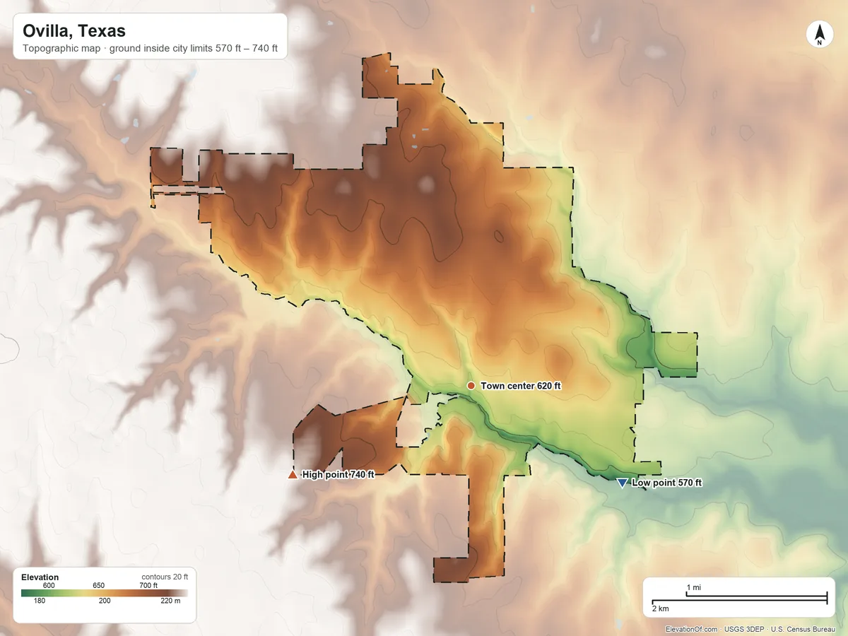 Topographic elevation map of Ovilla, Texas, shaded from 570 ft on the southeast side to 740 ft on the southwest side