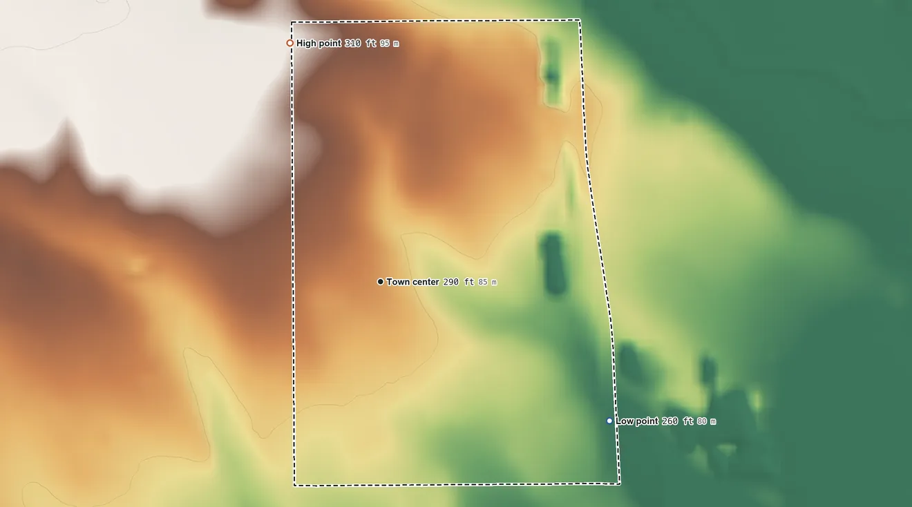 Topographic elevation map of Owl Ranch, Texas, shaded from 260 ft on the southeast side to 310 ft on the north side