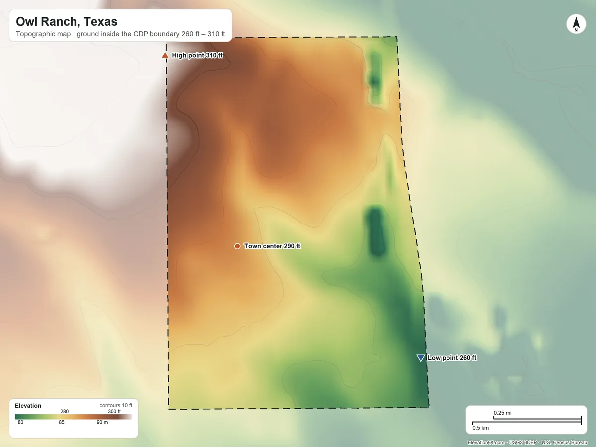 Topographic elevation map of Owl Ranch, Texas, shaded from 260 ft on the southeast side to 310 ft on the north side