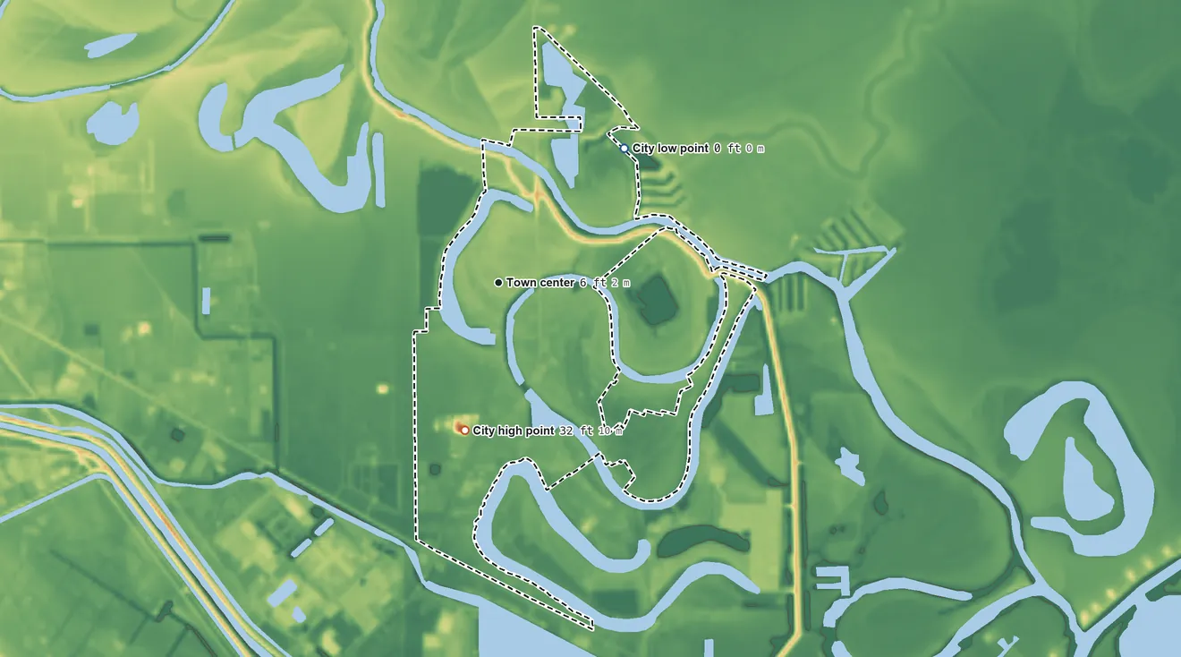 Topographic elevation map of Oyster Creek, Texas, shaded from 0 ft on the northeast side to 32 ft on the south side