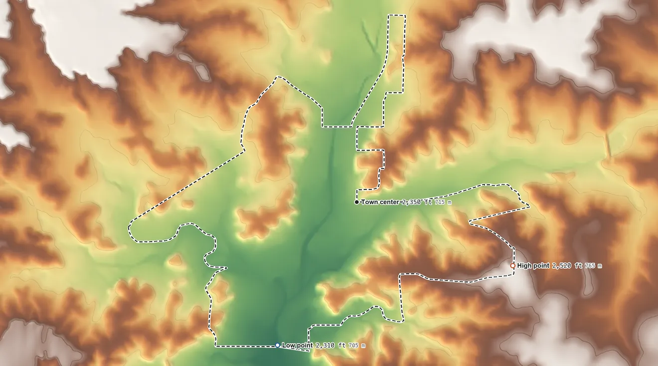Topographic elevation map of Ozona, Texas, shaded from 2,310 ft on the southwest side to 2,520 ft on the east side