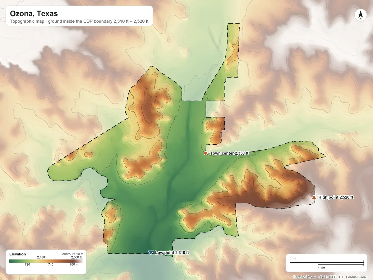 Topographic elevation map of Ozona, Texas, shaded from 2,310 ft on the southwest side to 2,520 ft on the east side