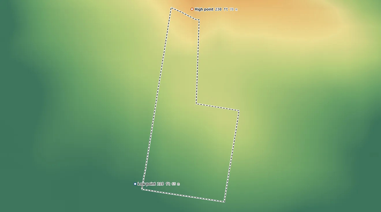 Topographic elevation map of Pablo Pena, Texas, shaded from 210 ft on the southwest side to 230 ft on the north side