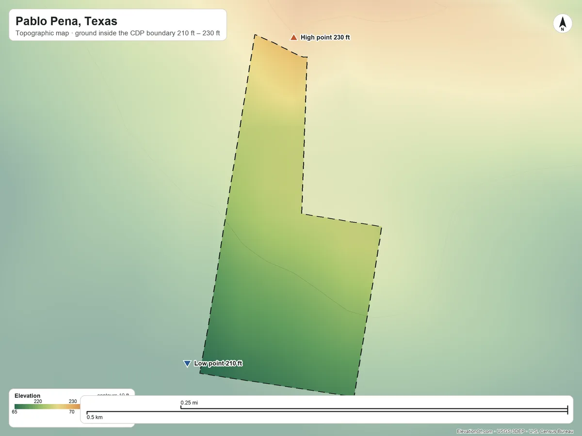 Topographic elevation map of Pablo Pena, Texas, shaded from 210 ft on the southwest side to 230 ft on the north side