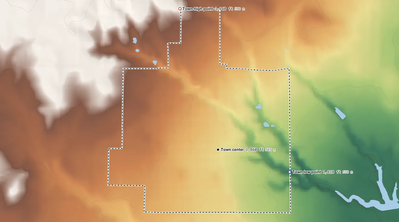 Topographic elevation map of Paducah, Texas, shaded from 1,810 ft on the east side to 1,940 ft on the north side