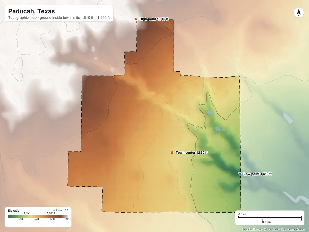 Topographic elevation map of Paducah, Texas, shaded from 1,810 ft on the east side to 1,940 ft on the north side