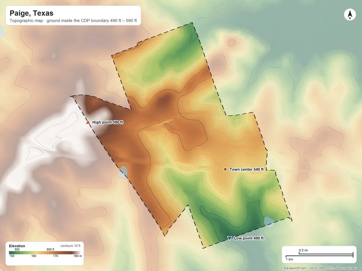 Topographic elevation map of Paige, Texas, shaded from 490 ft on the south side to 590 ft on the west side