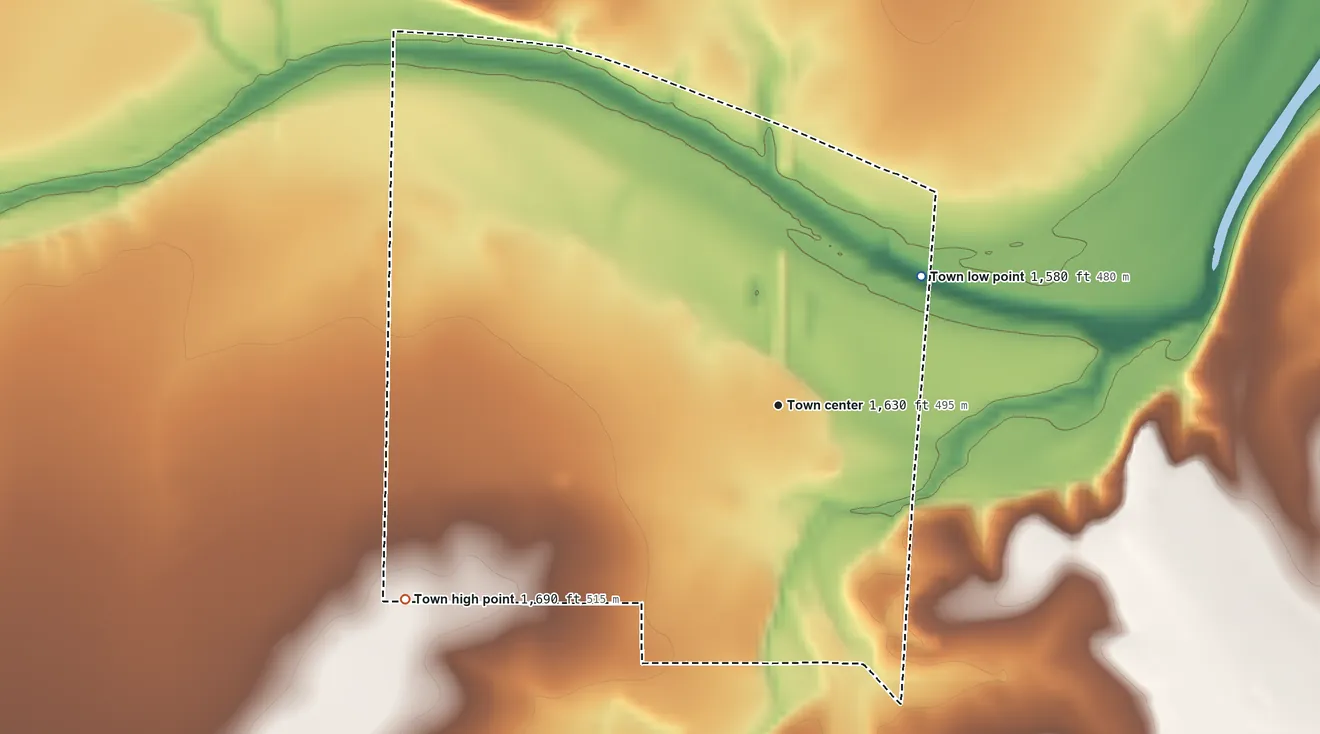 Topographic elevation map of Paint Rock, Texas, shaded from 1,580 ft on the northeast side to 1,690 ft on the southwest side