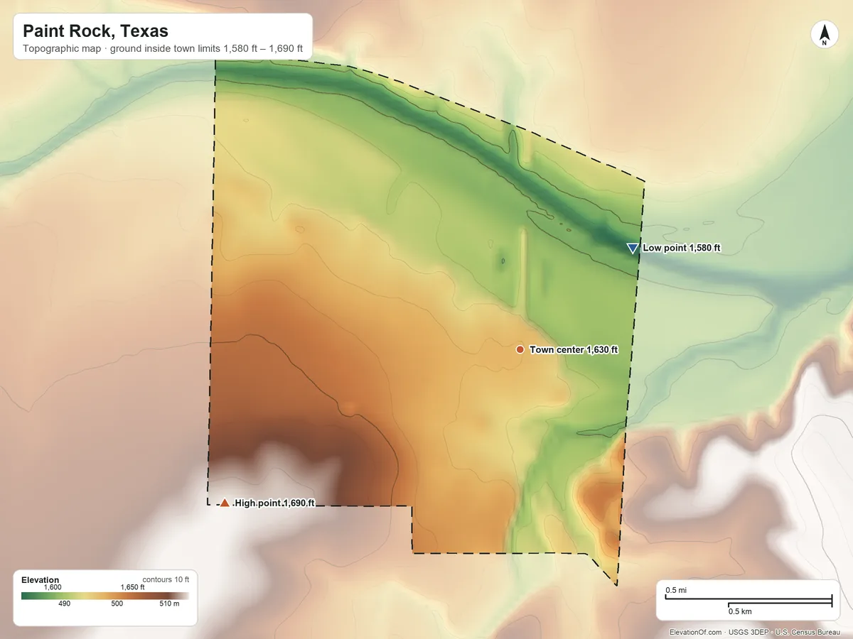 Topographic elevation map of Paint Rock, Texas, shaded from 1,580 ft on the northeast side to 1,690 ft on the southwest side