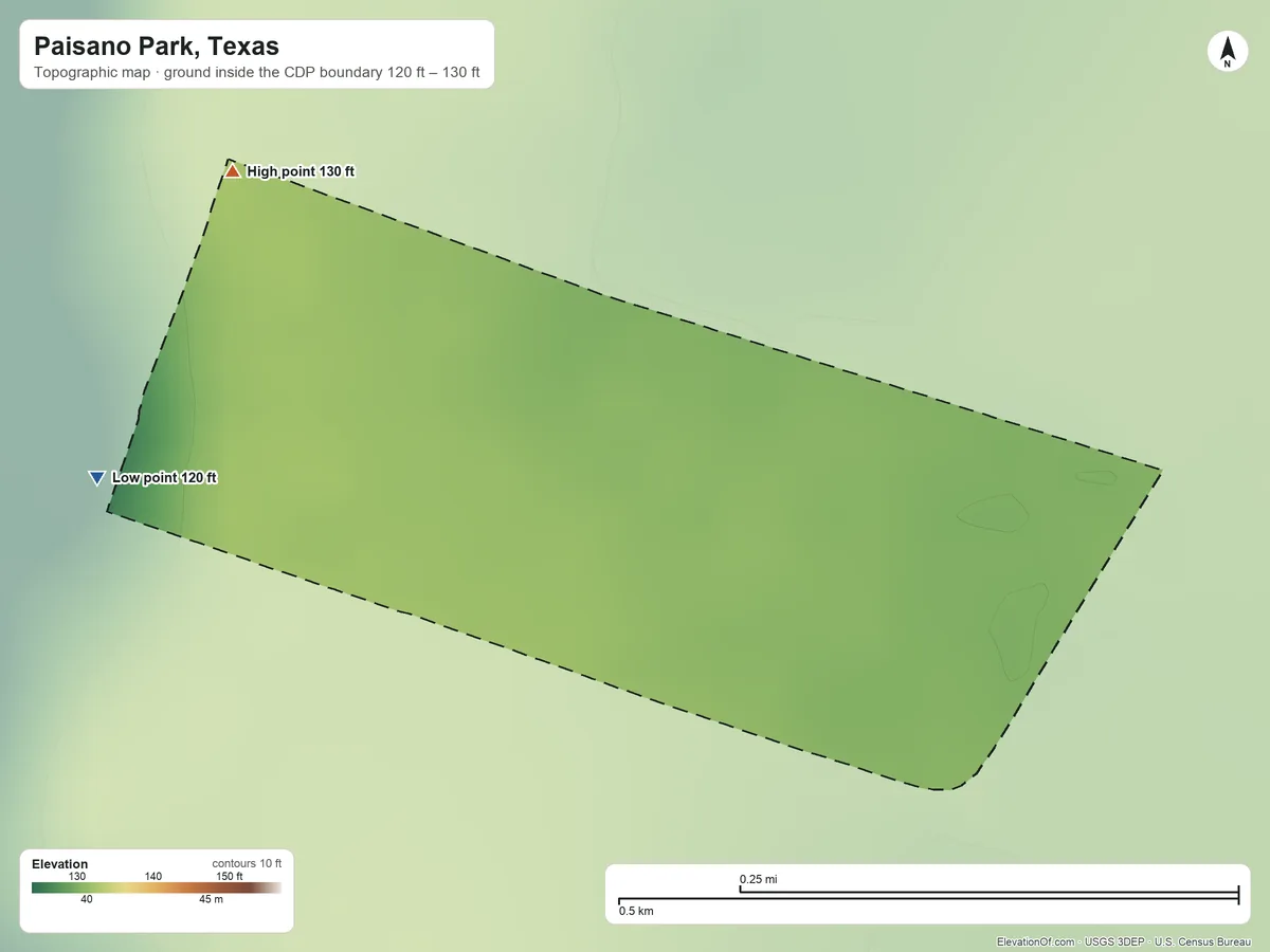 Topographic elevation map of Paisano Park, Texas, shaded from 120 ft on the west side to 130 ft on the northwest side