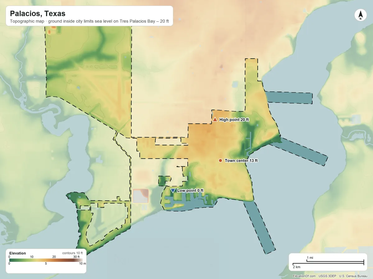 Topographic elevation map of Palacios, Texas, shaded from sea level level on Tres Palacios Bay to 20 ft on the north side