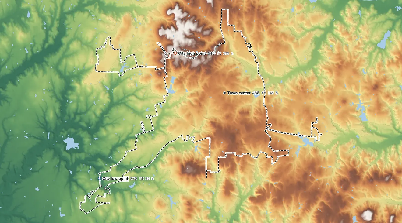 Topographic elevation map of Palestine, Texas, shaded from 270 ft on the southwest side to 640 ft on the northwest side
