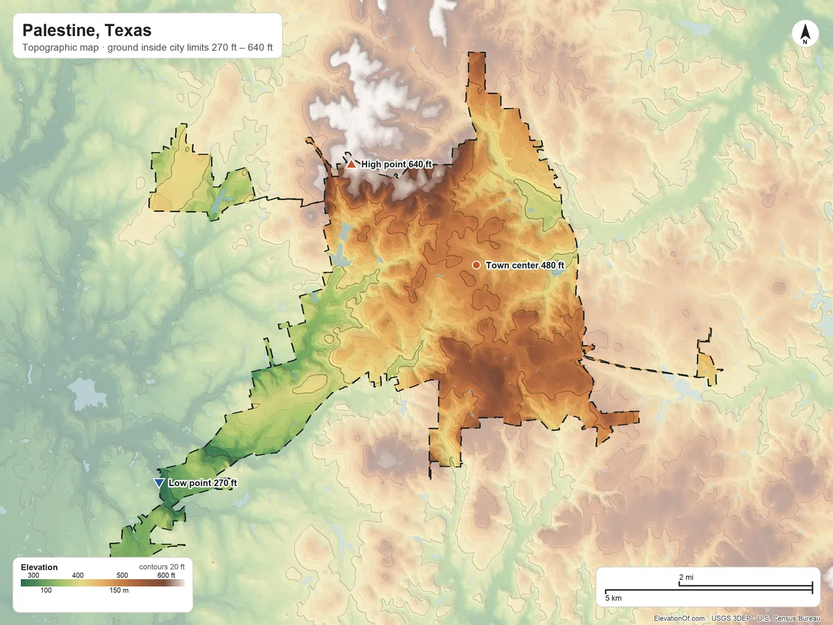 Topographic elevation map of Palestine, Texas, shaded from 270 ft on the southwest side to 640 ft on the northwest side