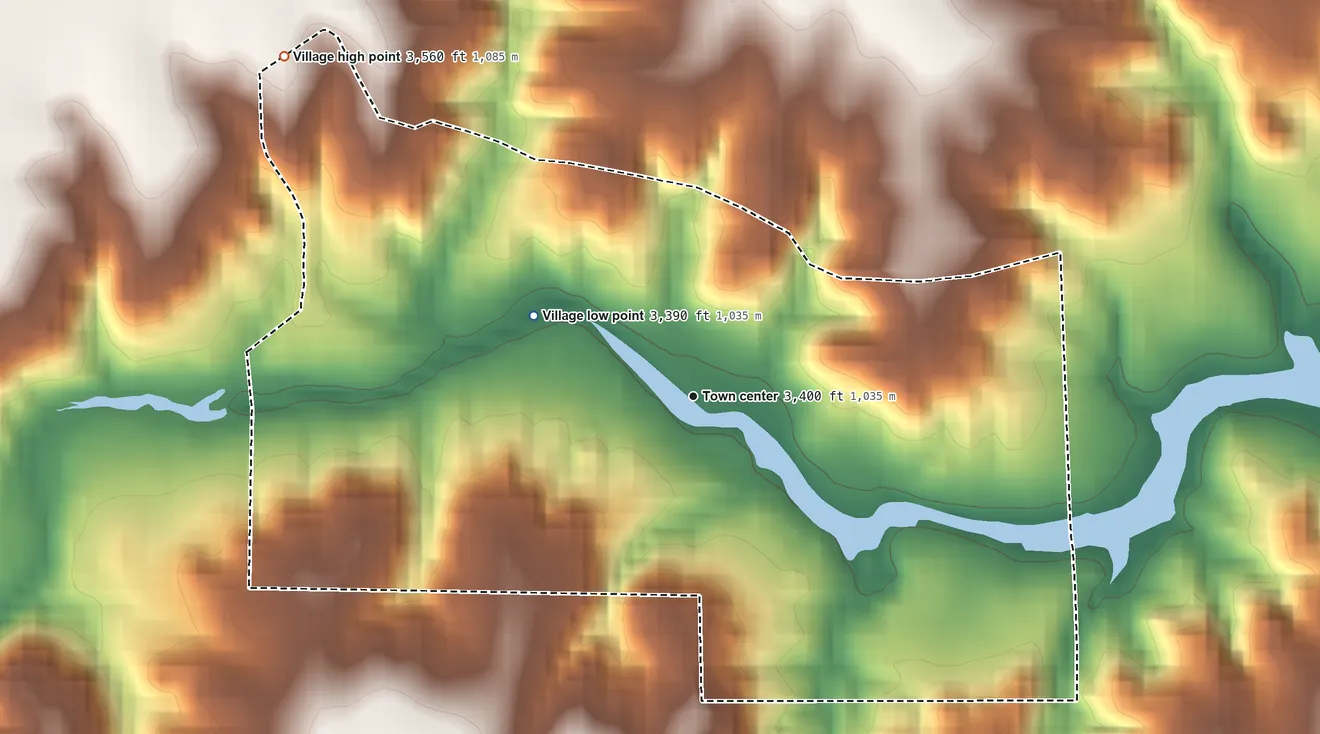 Topographic elevation map of Palisades, Texas, shaded from 3,390 ft on the northwest side to 3,560 ft on the northwest side