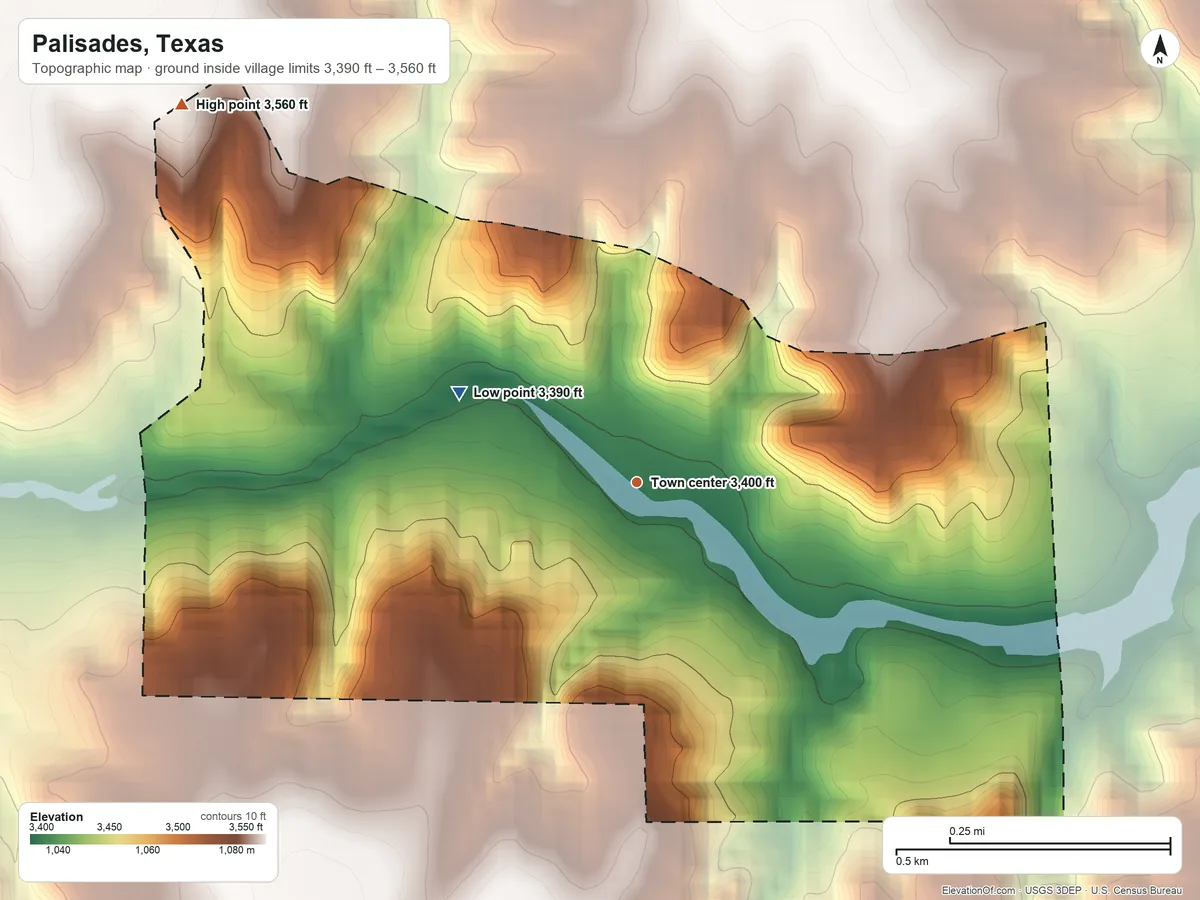 Topographic elevation map of Palisades, Texas, shaded from 3,390 ft on the northwest side to 3,560 ft on the northwest side