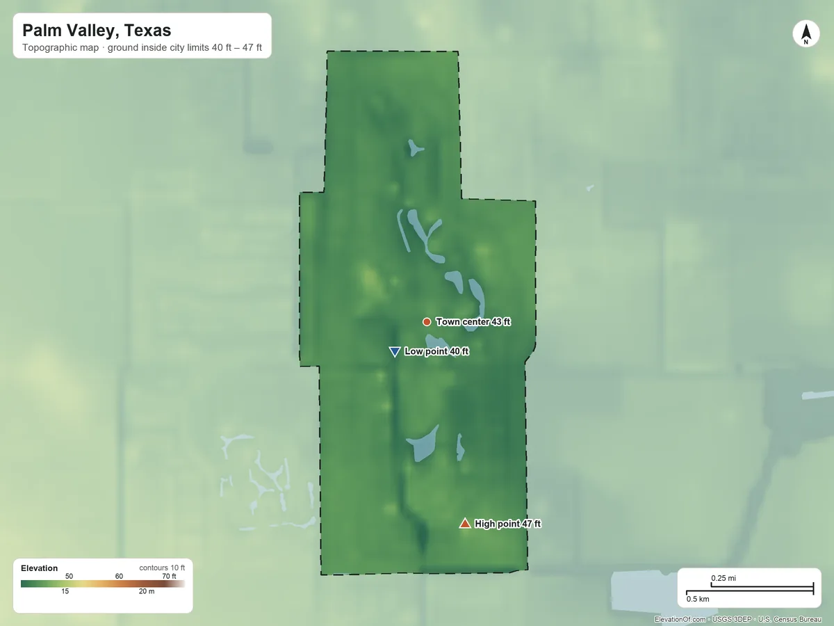 Topographic elevation map of Palm Valley, Texas, shaded from 40 ft near the middle to 47 ft on the south side