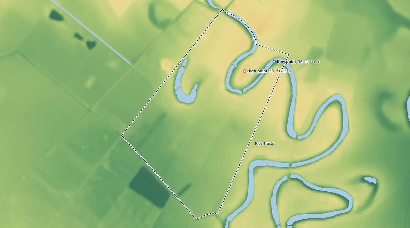 Topographic elevation map of Palmer, Cameron County, Texas, shaded from 36 ft on the east side to 50 ft on the east side