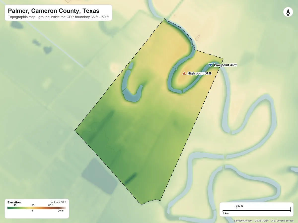 Topographic elevation map of Palmer, Cameron County, Texas, shaded from 36 ft on the east side to 50 ft on the east side