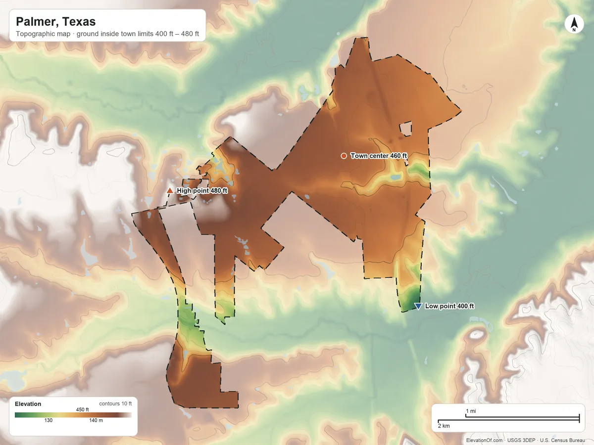 Topographic elevation map of Palmer, Texas, shaded from 400 ft on the southeast side to 480 ft on the west side