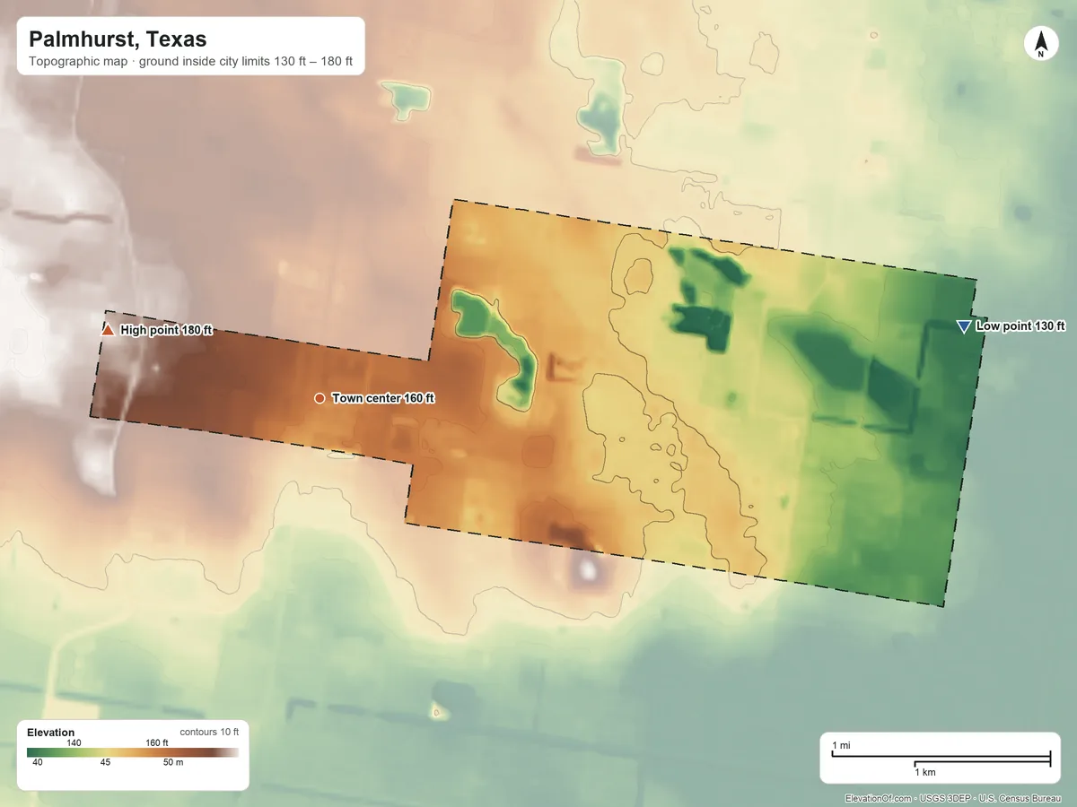 Topographic elevation map of Palmhurst, Texas, shaded from 130 ft on the east side to 180 ft on the west side