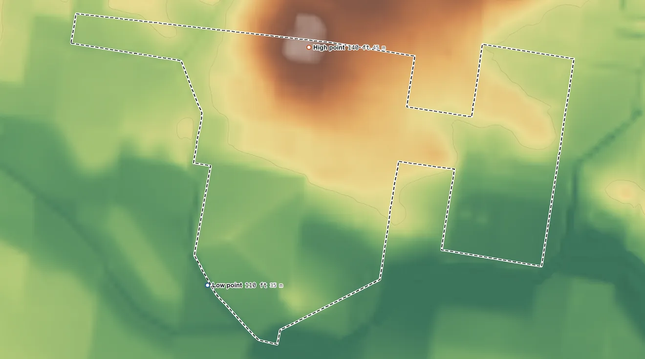 Topographic elevation map of Palmview South, Texas, shaded from 110 ft on the southwest side to 140 ft on the northwest side