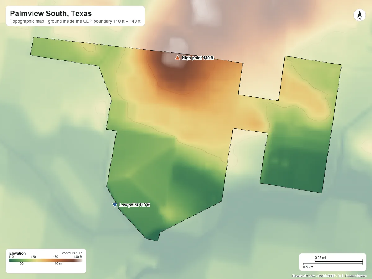Topographic elevation map of Palmview South, Texas, shaded from 110 ft on the southwest side to 140 ft on the northwest side