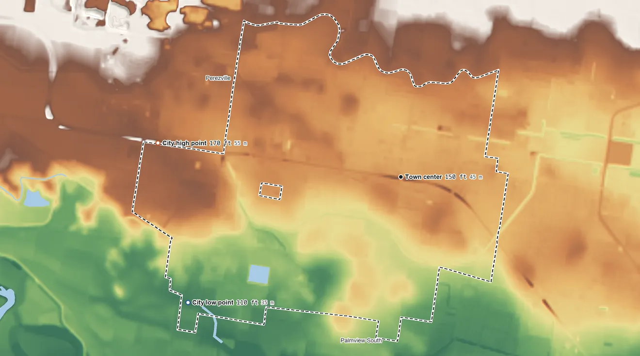 Topographic elevation map of Palmview, Texas, shaded from 110 ft on the southwest side to 170 ft on the west side