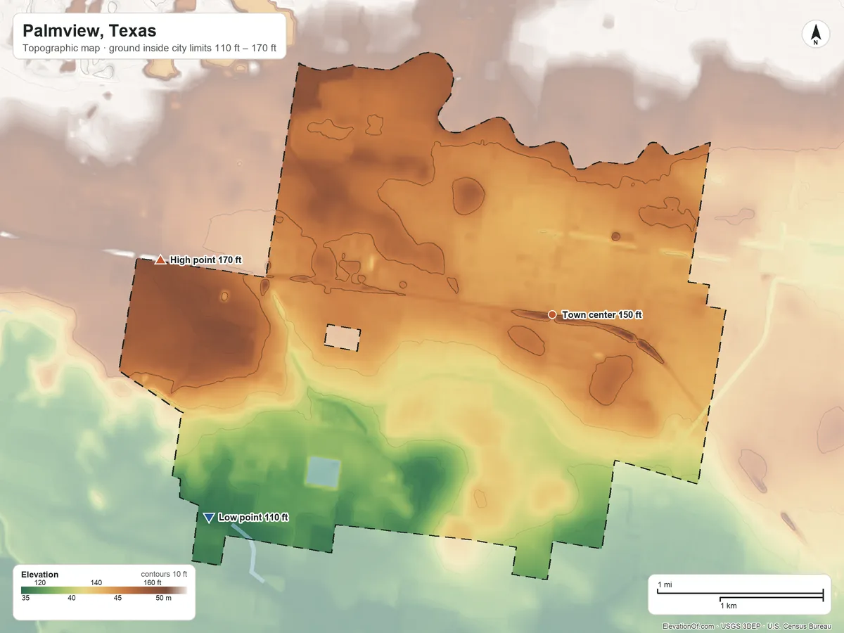 Topographic elevation map of Palmview, Texas, shaded from 110 ft on the southwest side to 170 ft on the west side