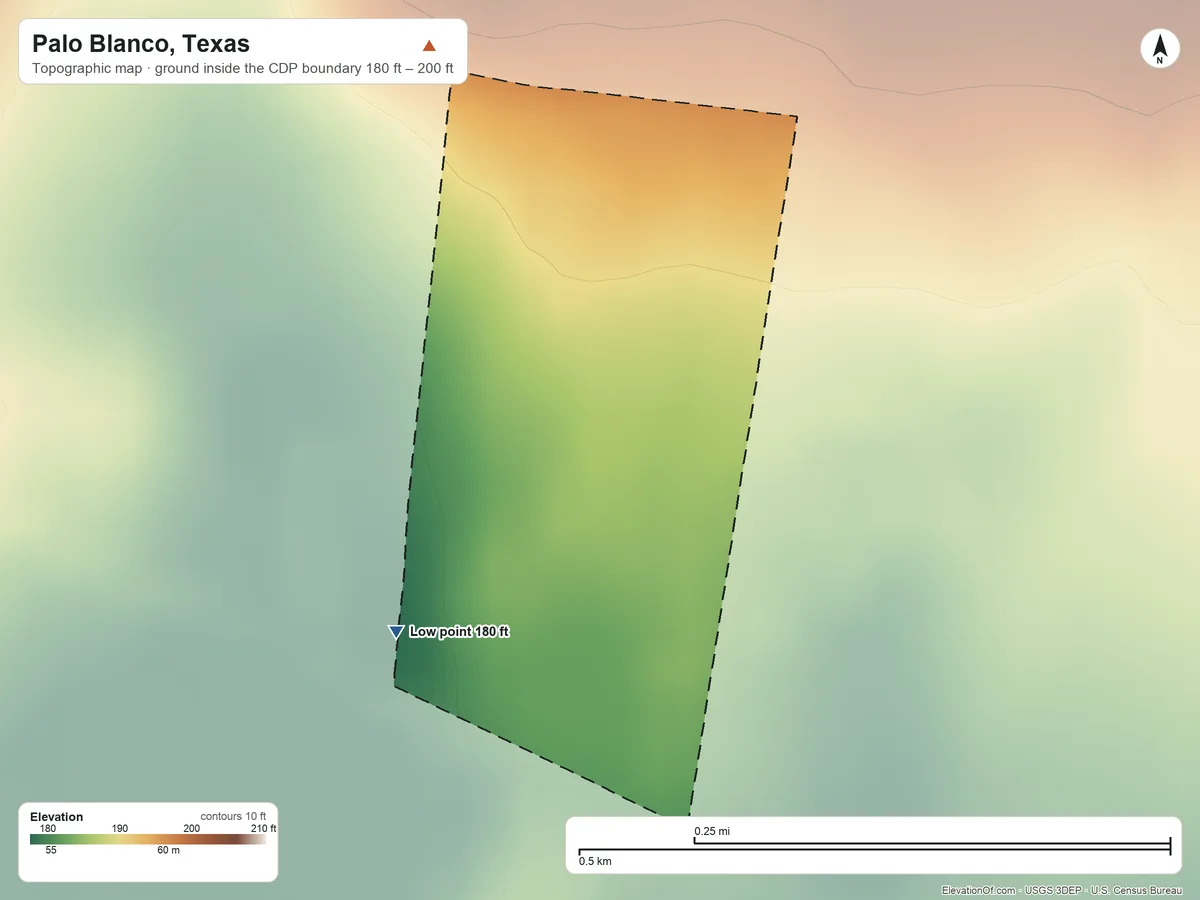 Topographic elevation map of Palo Blanco, Texas, shaded from 180 ft on the southwest side to 200 ft on the northwest side