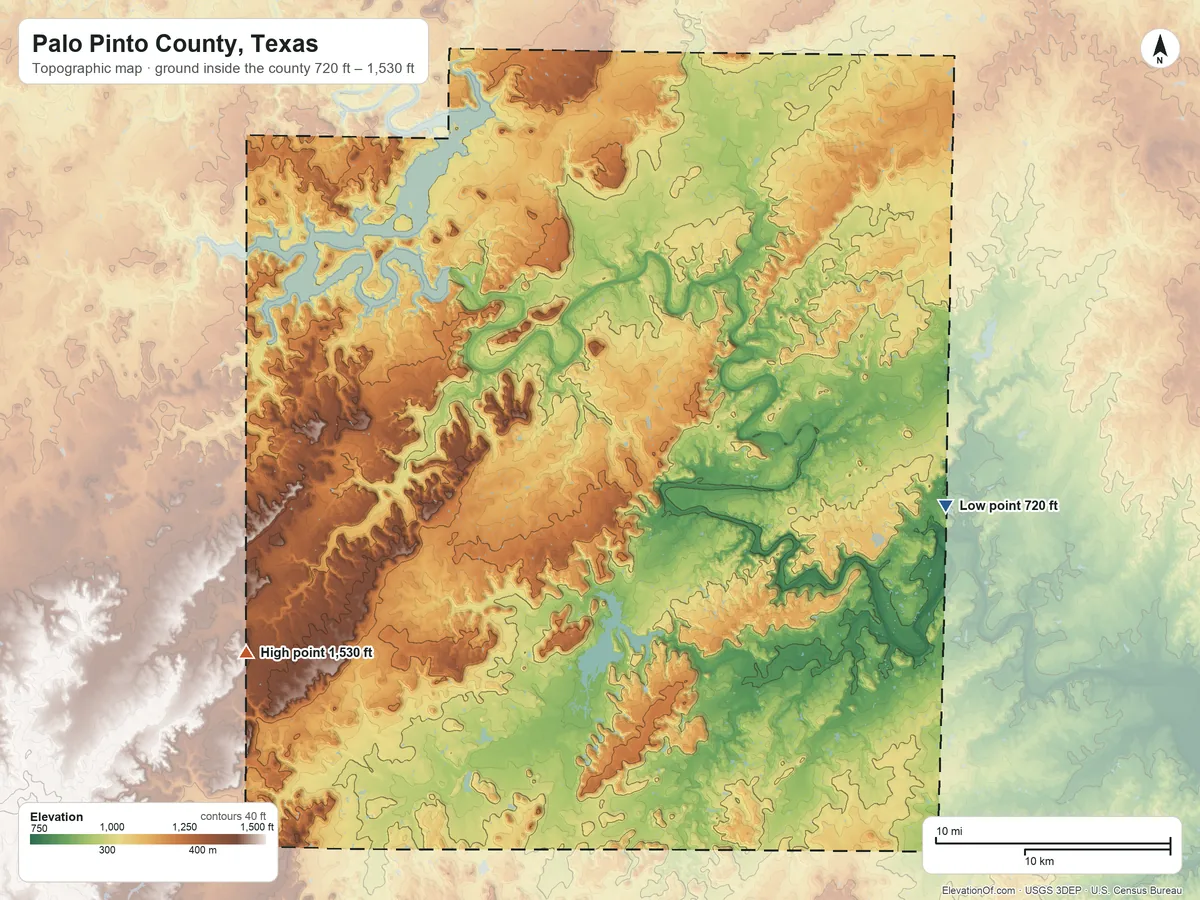 Topographic elevation map of Palo Pinto County, Texas, shaded from 720 ft on the east side to 1,530 ft on the southwest side