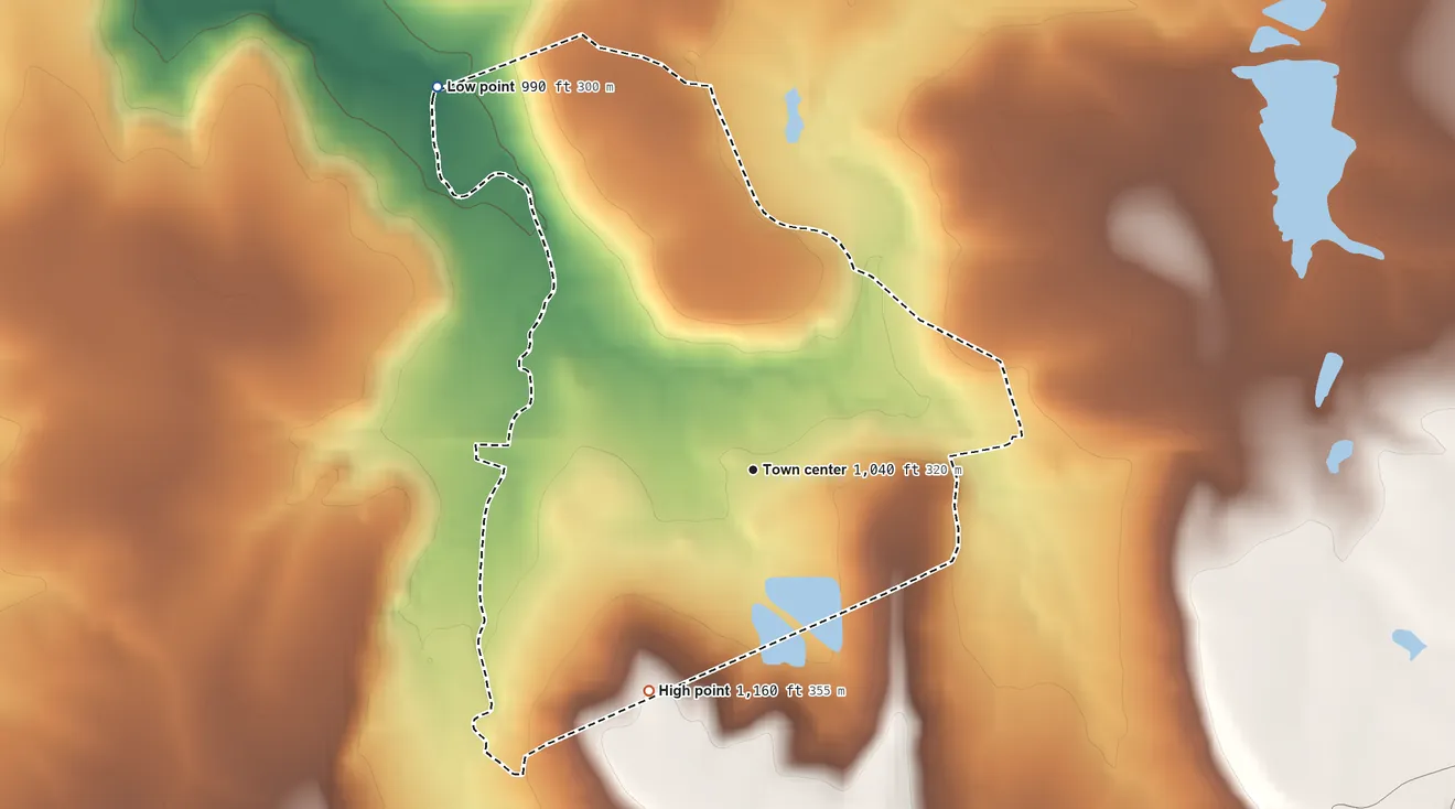 Topographic elevation map of Palo Pinto, Texas, shaded from 990 ft on the northwest side to 1,160 ft on the southwest side