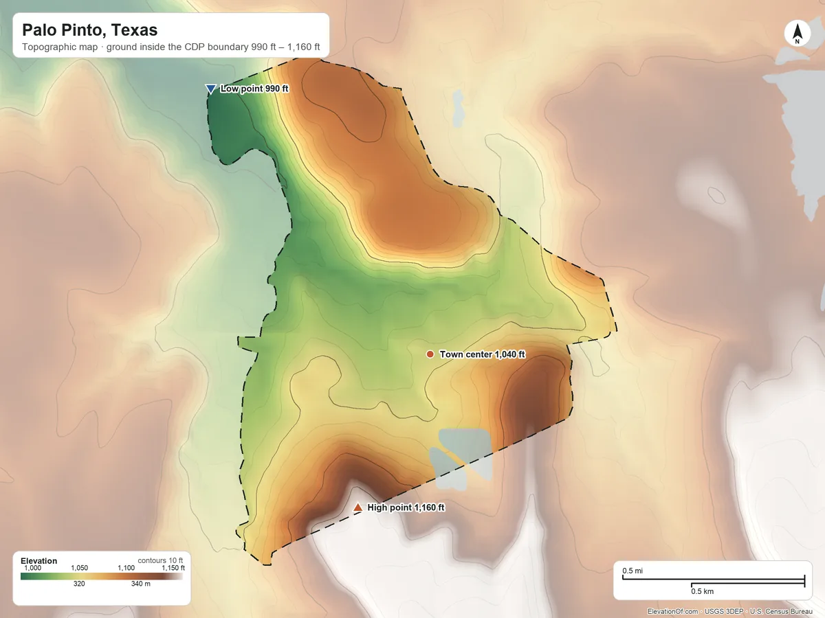 Topographic elevation map of Palo Pinto, Texas, shaded from 990 ft on the northwest side to 1,160 ft on the southwest side