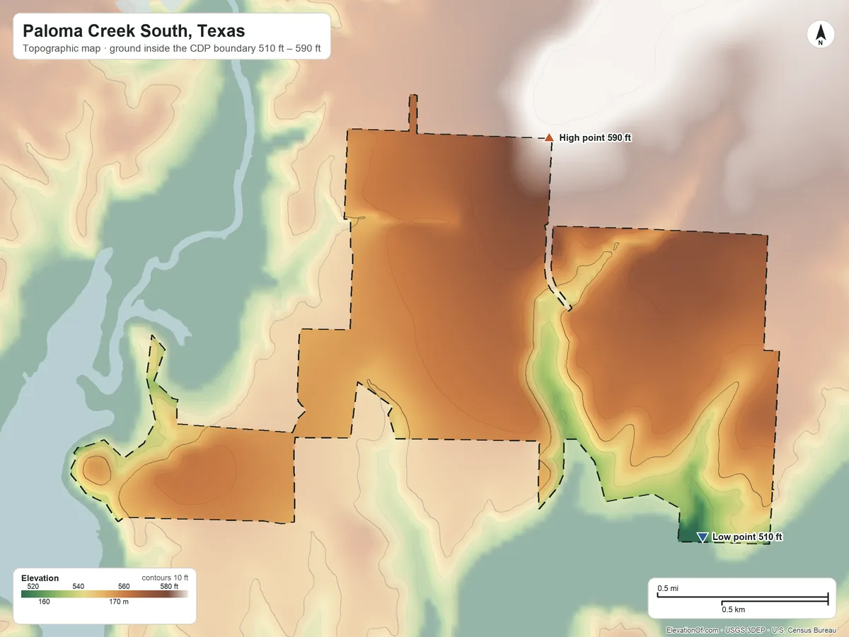 Topographic elevation map of Paloma Creek South, Texas, shaded from 510 ft on the southeast side to 590 ft on the north side