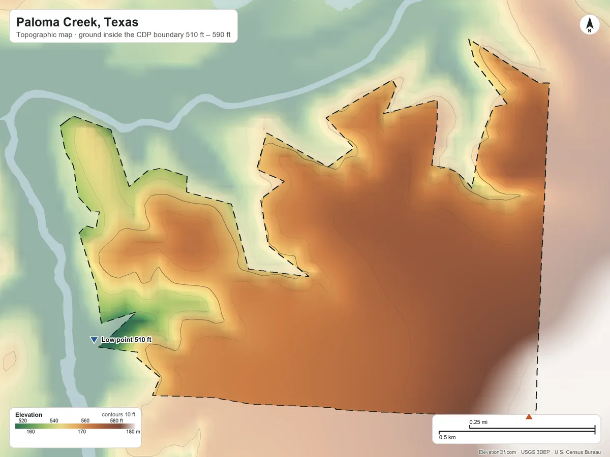 Topographic elevation map of Paloma Creek, Texas, shaded from 510 ft on the west side to 590 ft on the southeast side