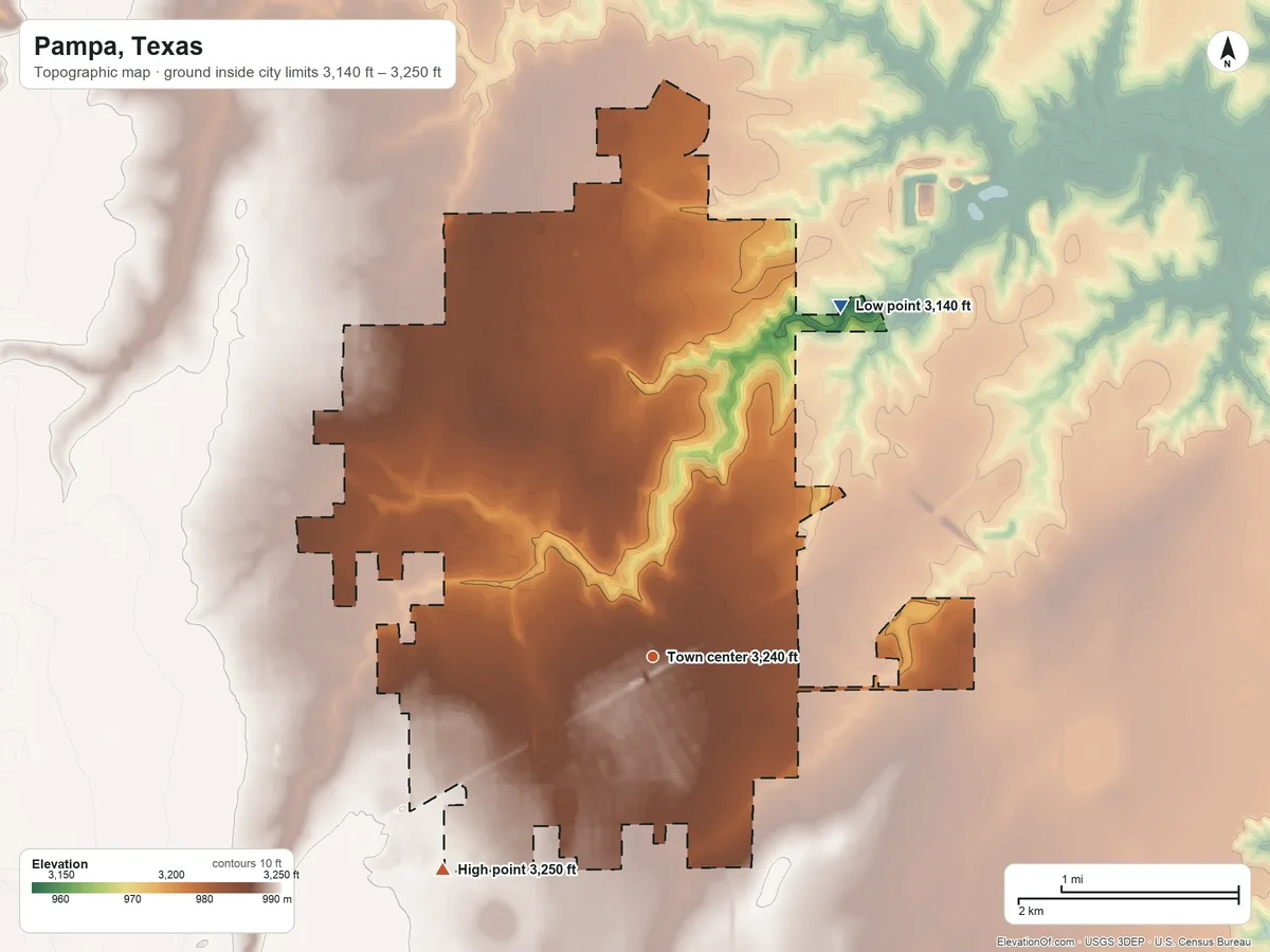 Topographic elevation map of Pampa, Texas, shaded from 3,140 ft on the northeast side to 3,250 ft on the southwest side