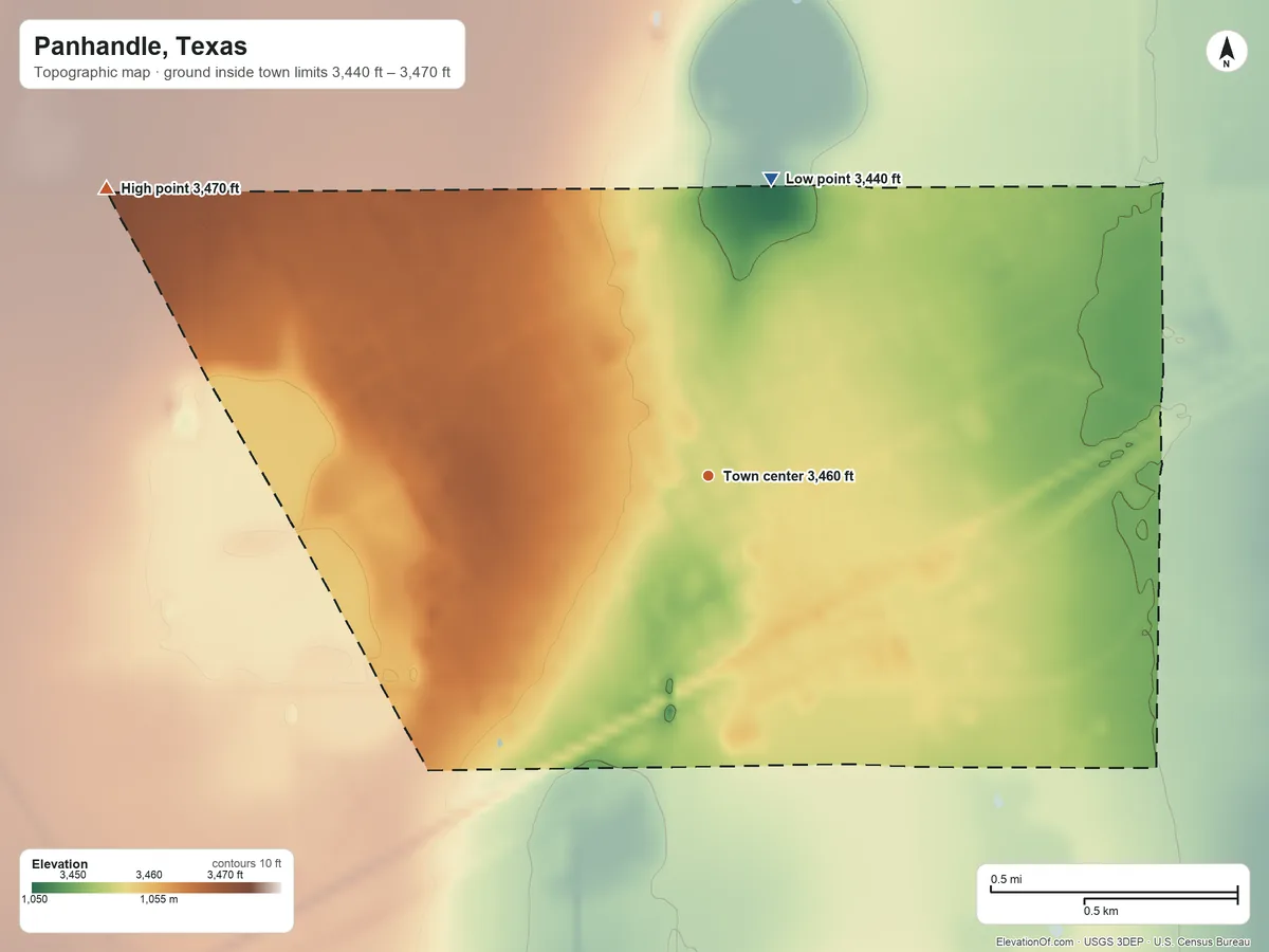 Topographic elevation map of Panhandle, Texas, shaded from 3,440 ft on the north side to 3,470 ft on the northwest side