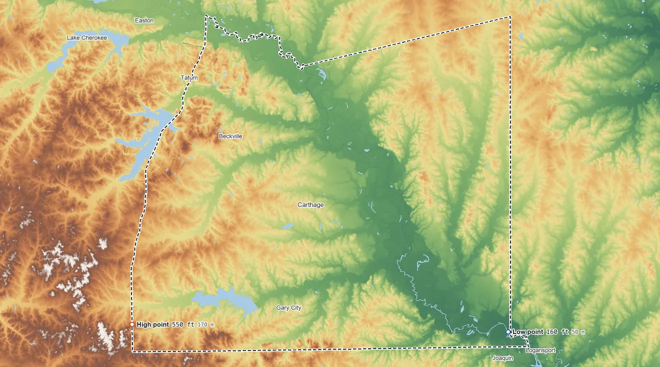 Topographic elevation map of Panola County, Texas, shaded from 160 ft on the southeast side to 550 ft on Greems Mountain