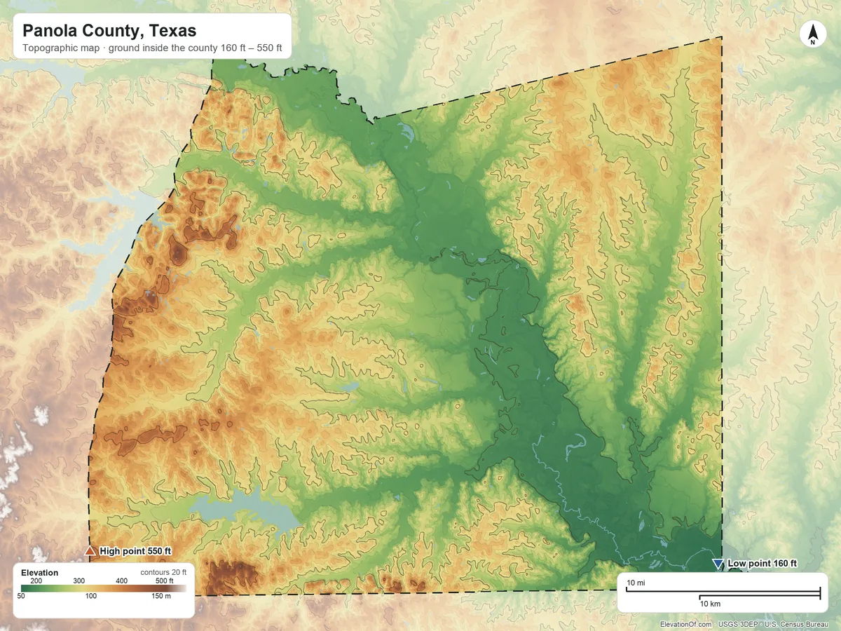 Topographic elevation map of Panola County, Texas, shaded from 160 ft on the southeast side to 550 ft on Greems Mountain