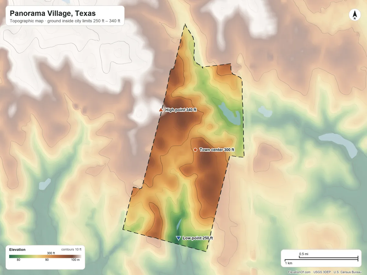 Topographic elevation map of Panorama Village, Texas, shaded from 250 ft on the south side to 340 ft on the northwest side
