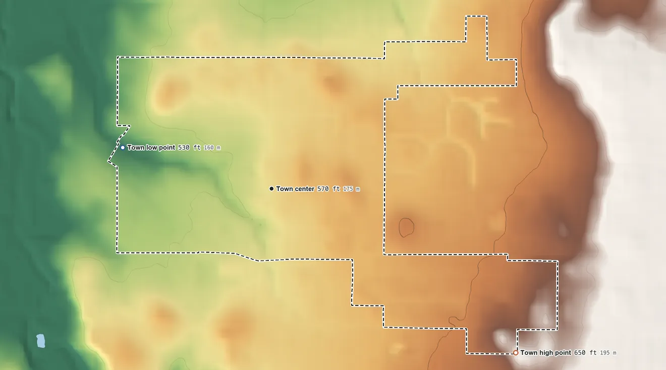 Topographic elevation map of Pantego, Texas, shaded from 530 ft on the west side to 650 ft on the southeast side