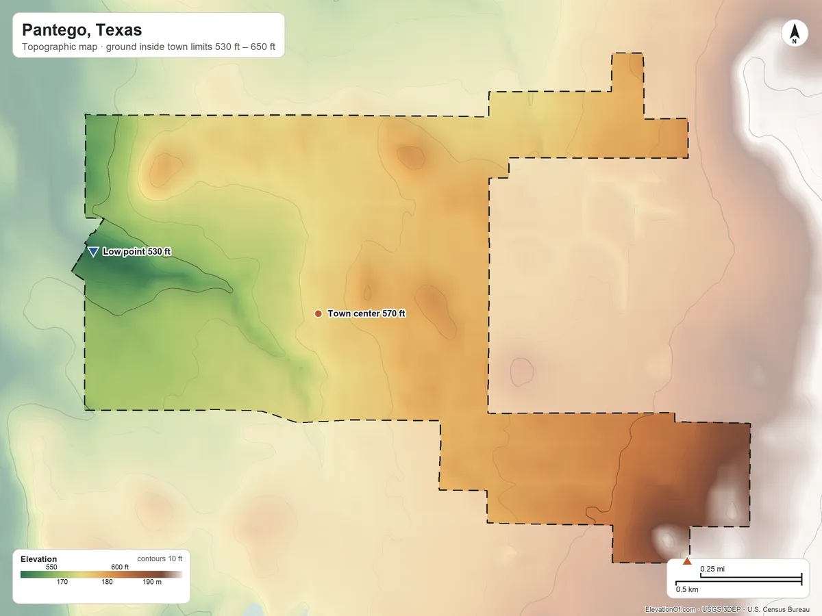 Topographic elevation map of Pantego, Texas, shaded from 530 ft on the west side to 650 ft on the southeast side