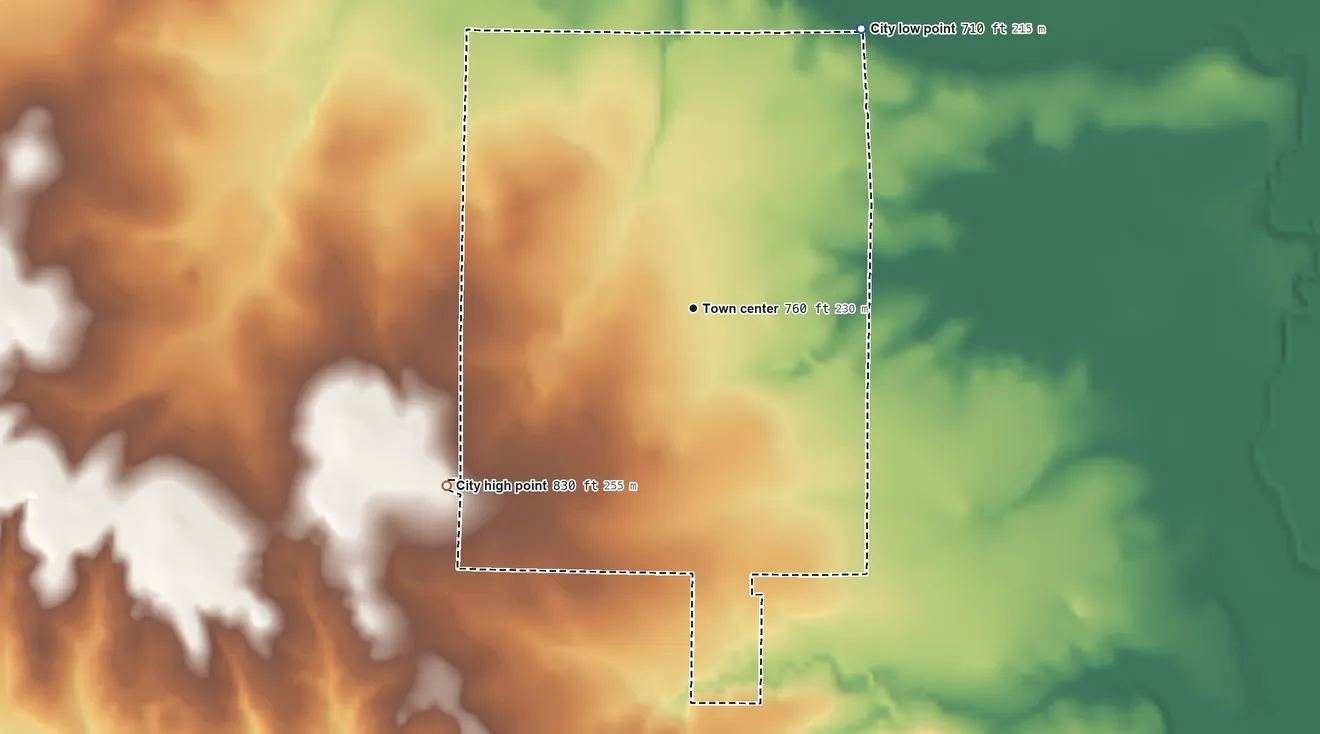 Topographic elevation map of Paradise, Texas, shaded from 710 ft on the northeast side to 830 ft on the southwest side