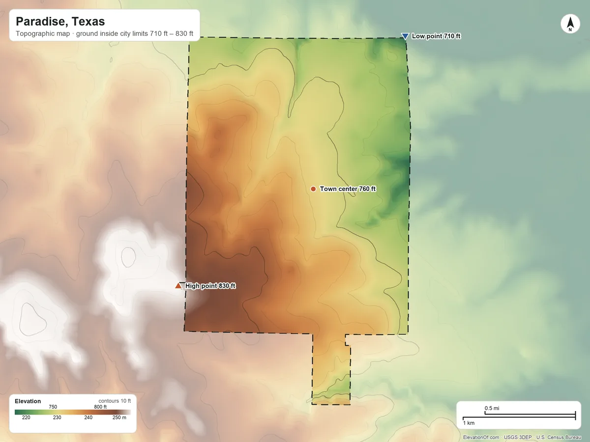 Topographic elevation map of Paradise, Texas, shaded from 710 ft on the northeast side to 830 ft on the southwest side