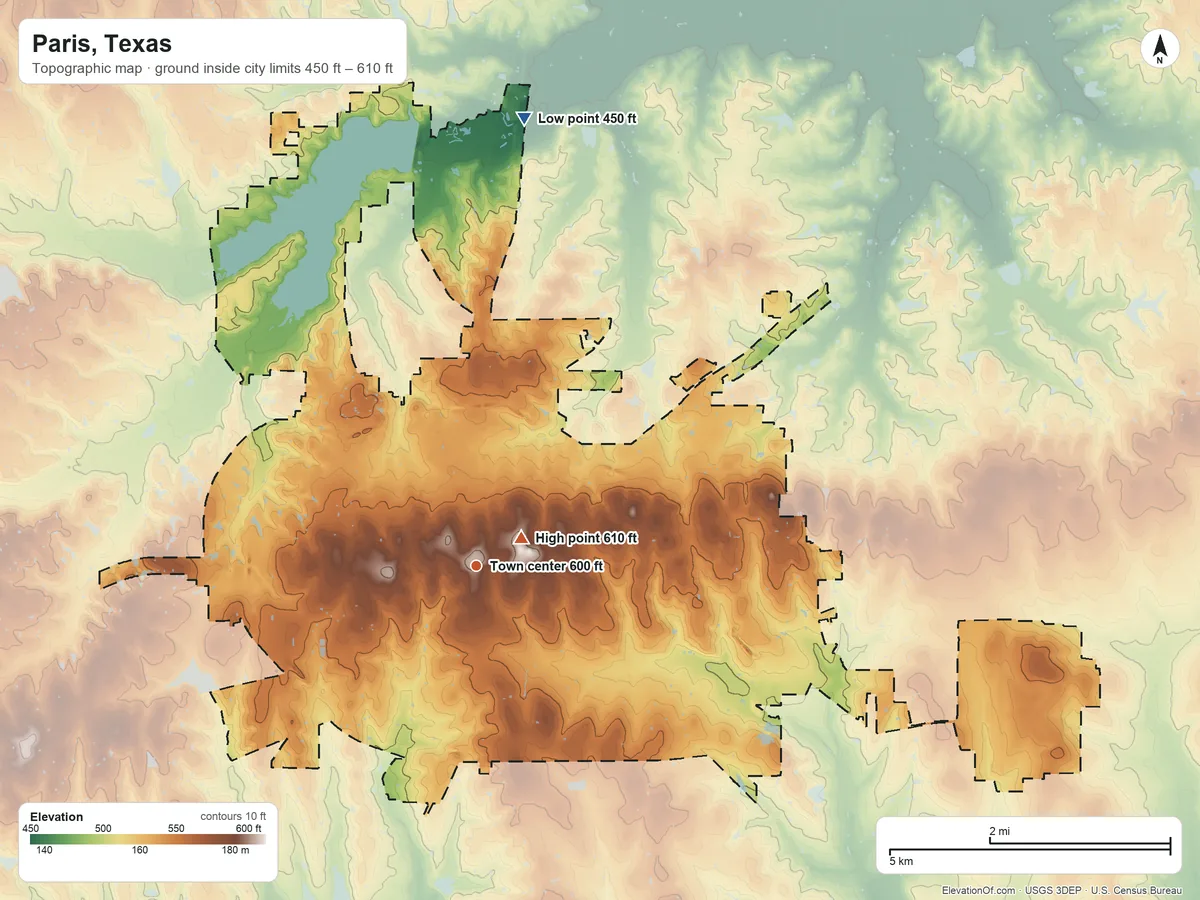 Topographic elevation map of Paris, Texas, shaded from 450 ft on the north side to 610 ft near the middle