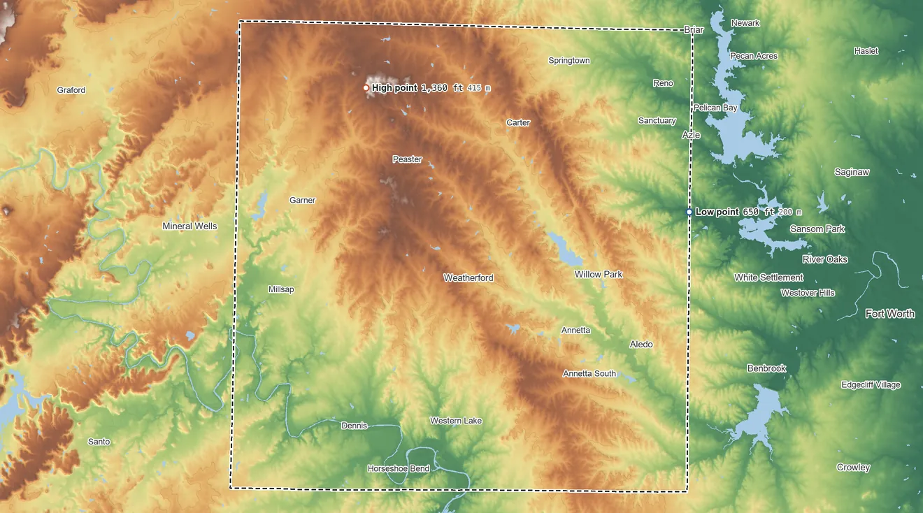 Topographic elevation map of Parker County, Texas, shaded from 650 ft on the east side to 1,360 ft on Slipdown Mountain