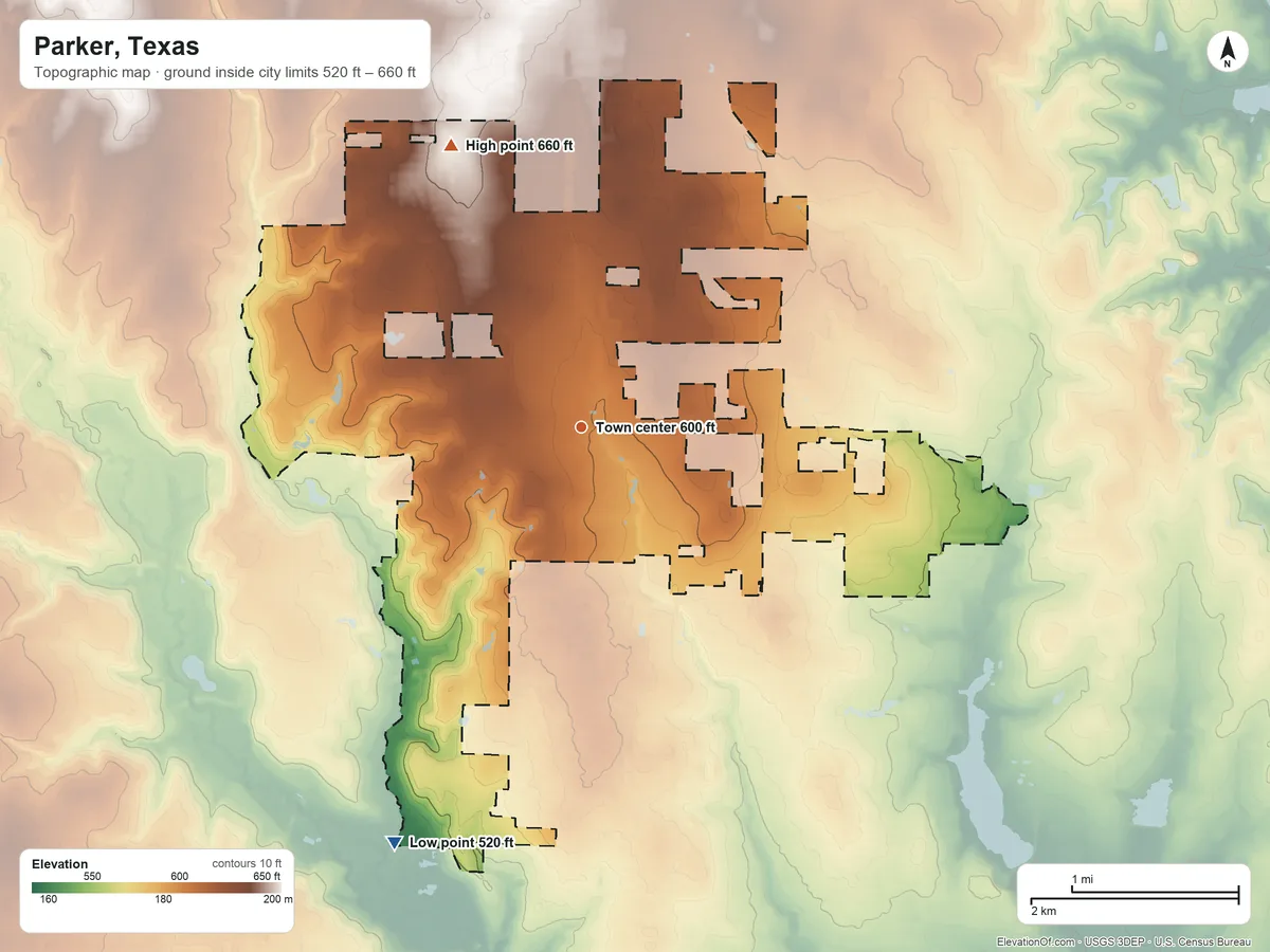 Topographic elevation map of Parker, Texas, shaded from 520 ft on the southwest side to 660 ft on the northwest side
