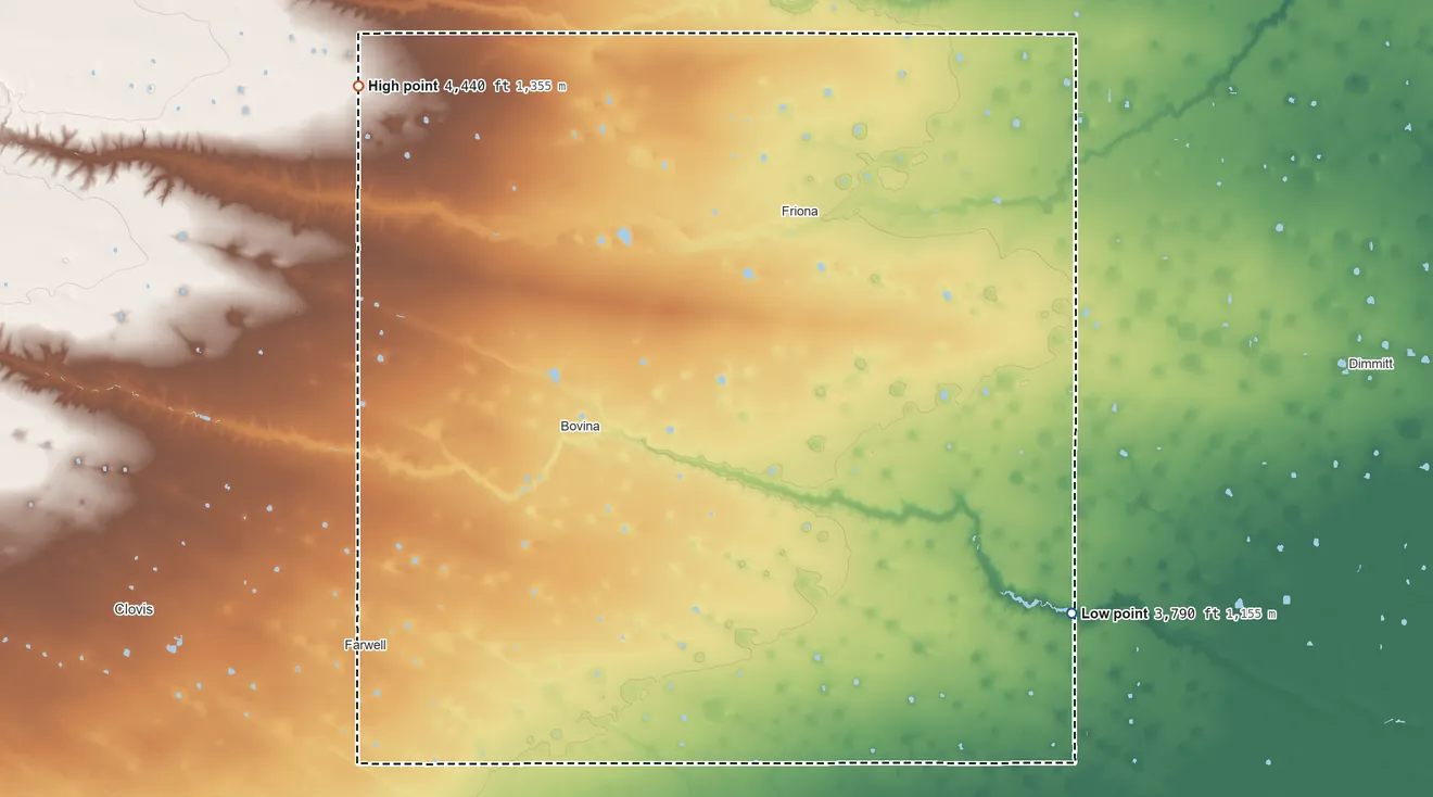 Topographic elevation map of Parmer County, Texas, shaded from 3,790 ft on the southeast side to 4,440 ft on the northwest side