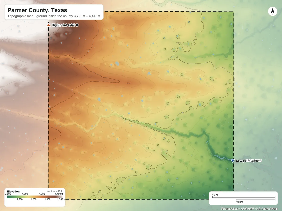 Topographic elevation map of Parmer County, Texas, shaded from 3,790 ft on the southeast side to 4,440 ft on the northwest side