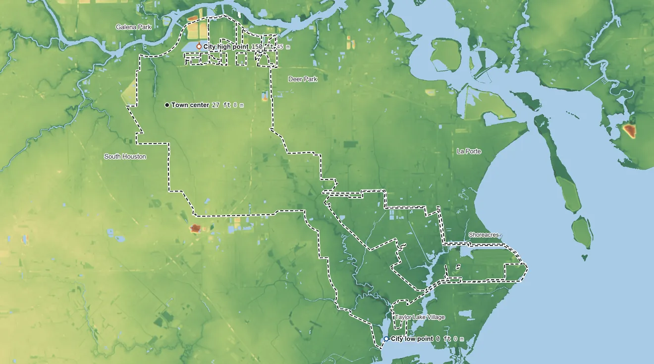 Topographic elevation map of Pasadena, Texas, shaded from sea level level on Nassau Bay to 150 ft on the northeast side